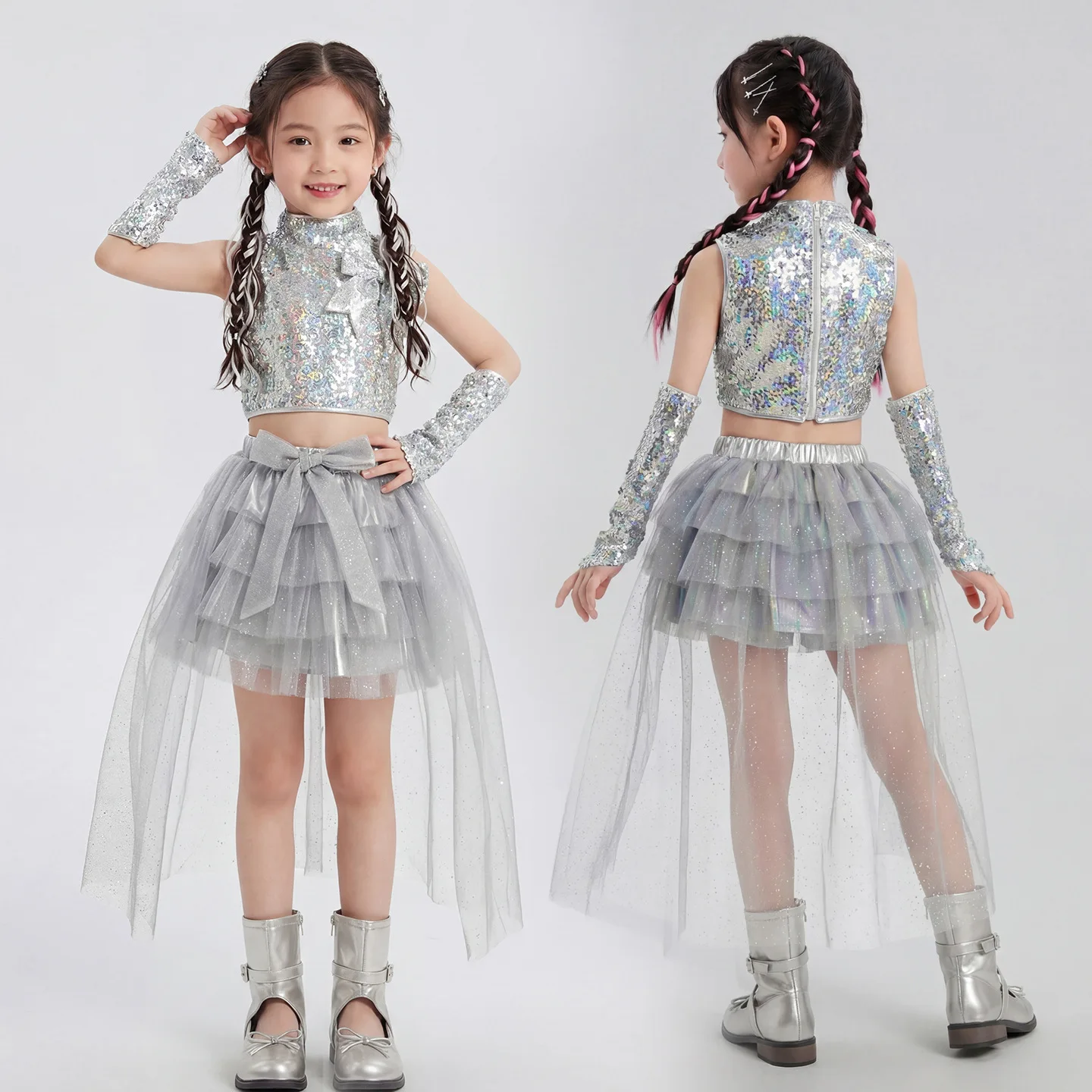 Girls Silver Sequined Dance Costume Kids Sparkly Jazz Hip-hop Outfit with Gloves Tutu Skirt for Teeange Stage Wear Performance
Girls Silver Sequined Dance Costume Kids Sparkly Jazz Hip-hop Outfit with Gloves Tutu Skirt for Teeange Stage Wear Performance