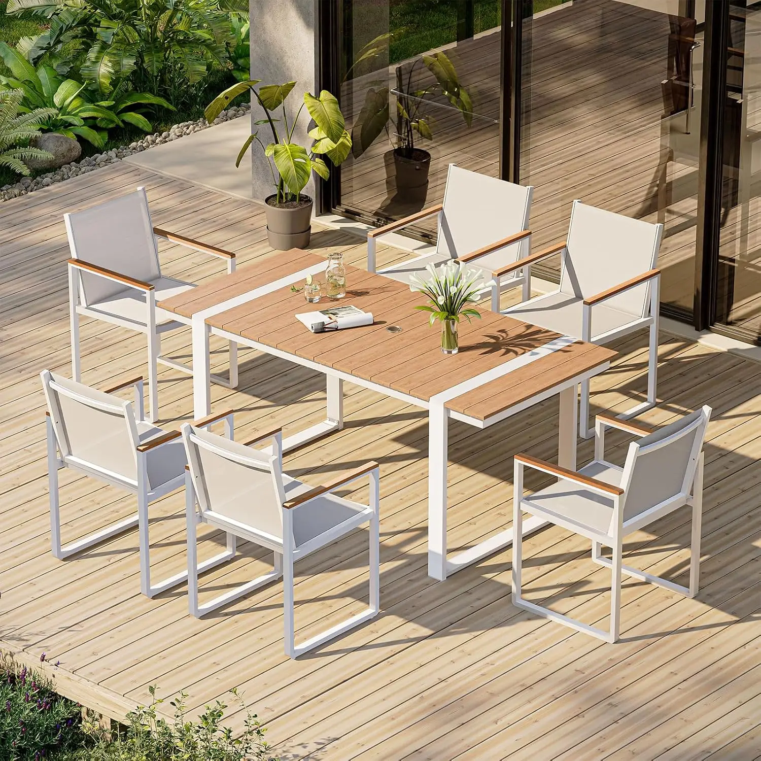 Outdoor Dining Set, HDPS + Aluminum Patio Table and Chairs Set with U-Shaped Base, 7 Piece Outdoor Furniture Set, Customized
Outdoor Dining Set, HDPS + Aluminum Patio Table and Chairs Set with U-Shaped Base, 7 Piece Outdoor Furniture Set, Customized