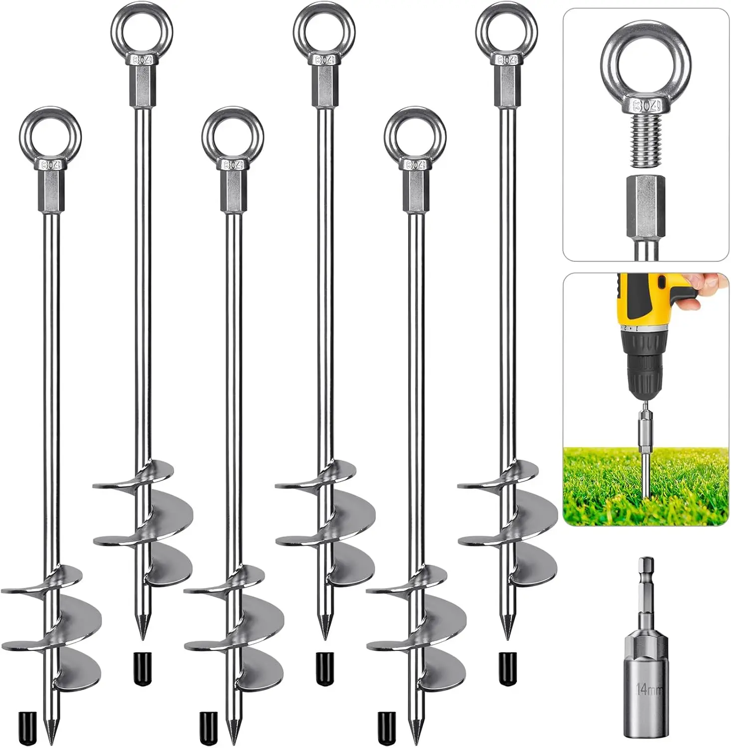 30" Heavy-Duty Ground Anchors Screw in, 3" Wide Spiral Earth Anchors for Swing Set, Trampoline, Sheds - Set of 6
30" Heavy-Duty Ground Anchors Screw in, 3" Wide Spiral Earth Anchors for Swing Set, Trampoline, Sheds - Set of 6