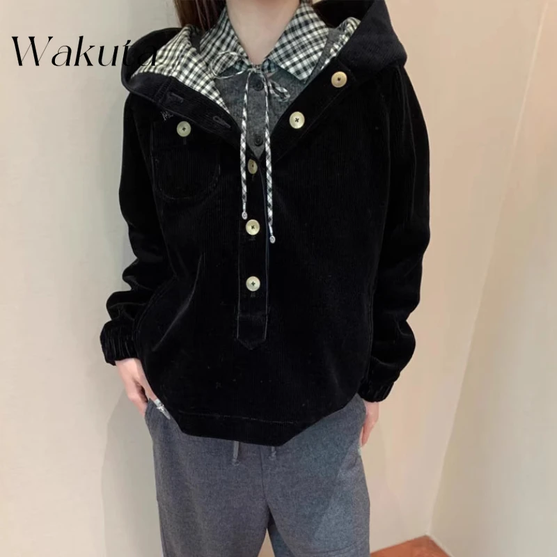 WAKUTA French Style Early Spring Hooded Long Sleeve Black Corduroy Sweatshirt Retro Sweet Spicy Plaid Lining Warm Jackets 방수자켓
WAKUTA French Style Early Spring Hooded Long Sleeve Black Corduroy Sweatshirt Retro Sweet Spicy Plaid Lining Warm Jackets 방수자켓