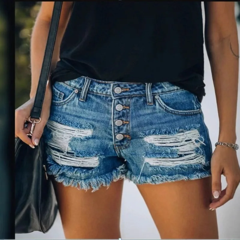 European and American Trends Ripped Fringed Denim Shorts Straight-breasted Women's Hot Pants
European and American Trends Ripped Fringed Denim Shorts Straight-breasted Women's Hot Pants