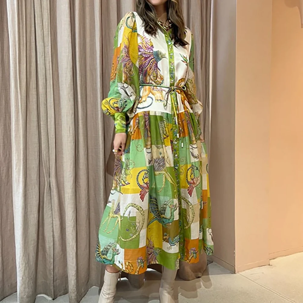 Elegant Ethnic Style Women Retro Printed Dress Lantern Long Sleeves Lace Up Lapel Loose Autumn Female Vacation 2025 Midi Dresses
Elegant Ethnic Style Women Retro Printed Dress Lantern Long Sleeves Lace Up Lapel Loose Autumn Female Vacation 2025 Midi Dresses