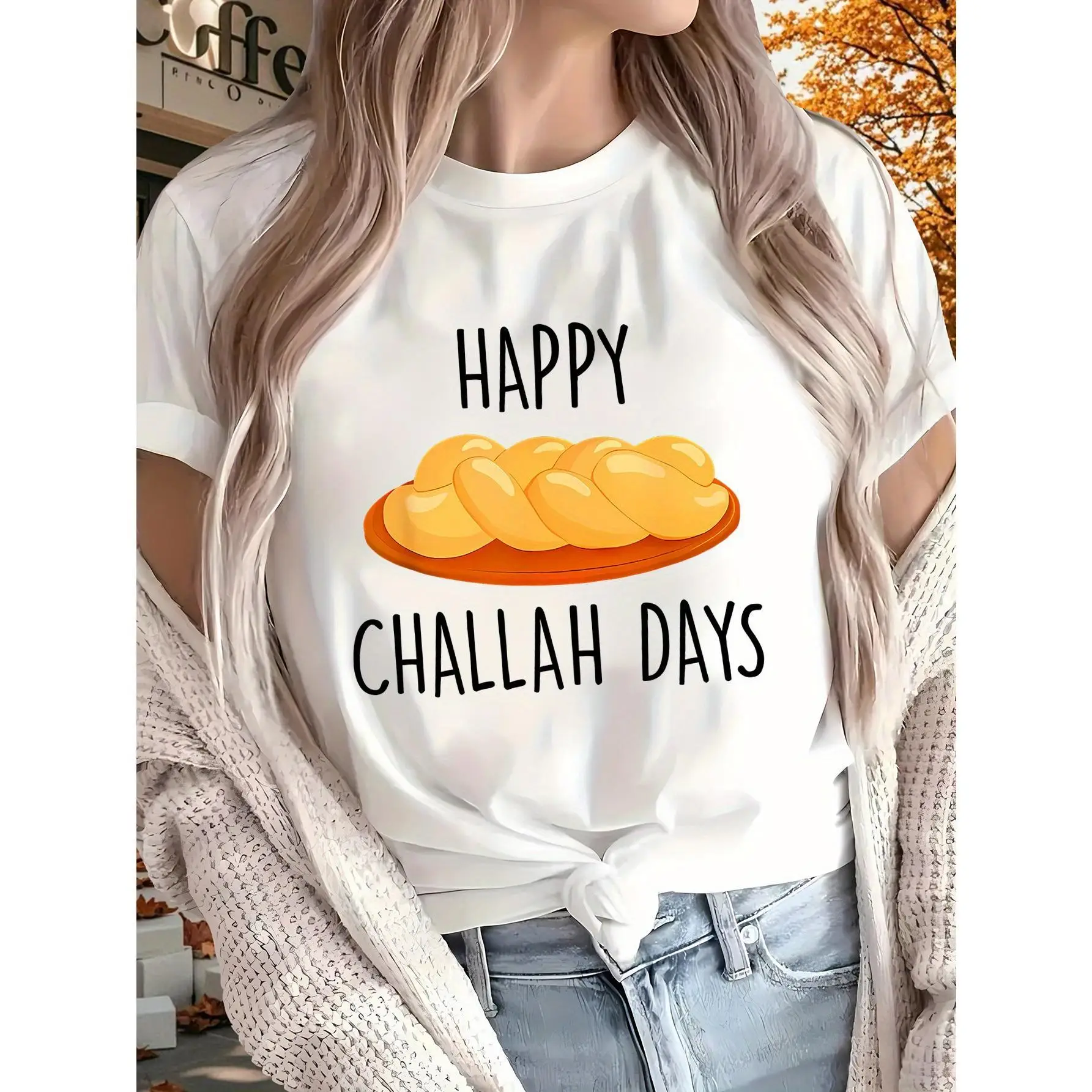 Women's T-Shirt 'Happy Challah Days' Graphic Print Round Neck, Short Sleeve All-Season Comfort Fit Machine Washable
Women's T-Shirt 'Happy Challah Days' Graphic Print Round Neck, Short Sleeve All-Season Comfort Fit Machine Washable