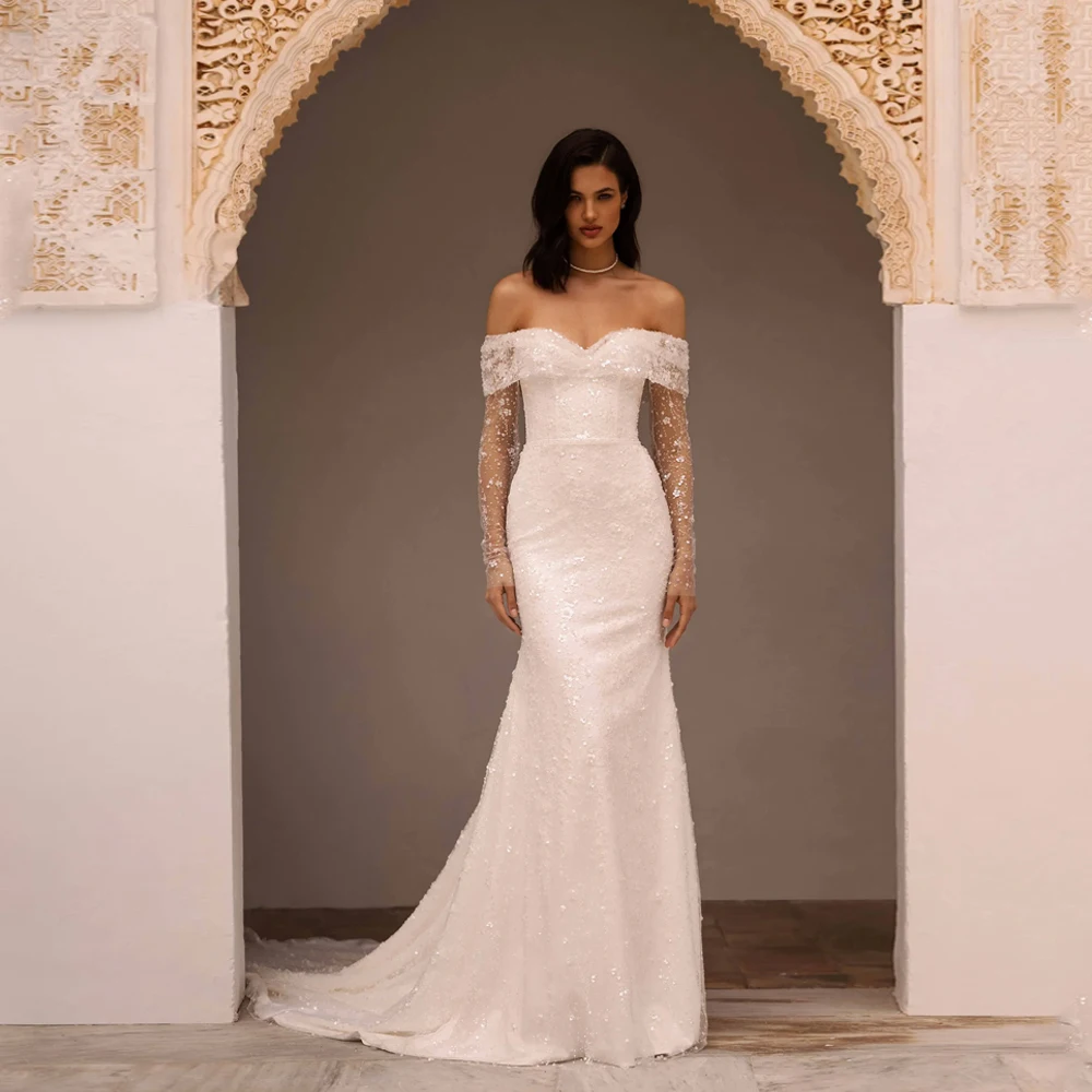Customized Luxury Wedding Gowns For Bride Off Shoulder Sequin Mermaid Beaded vestidos de novia Sexy Full Sleeve Bride Dresses
Customized Luxury Wedding Gowns For Bride Off Shoulder Sequin Mermaid Beaded vestidos de novia Sexy Full Sleeve Bride Dresses