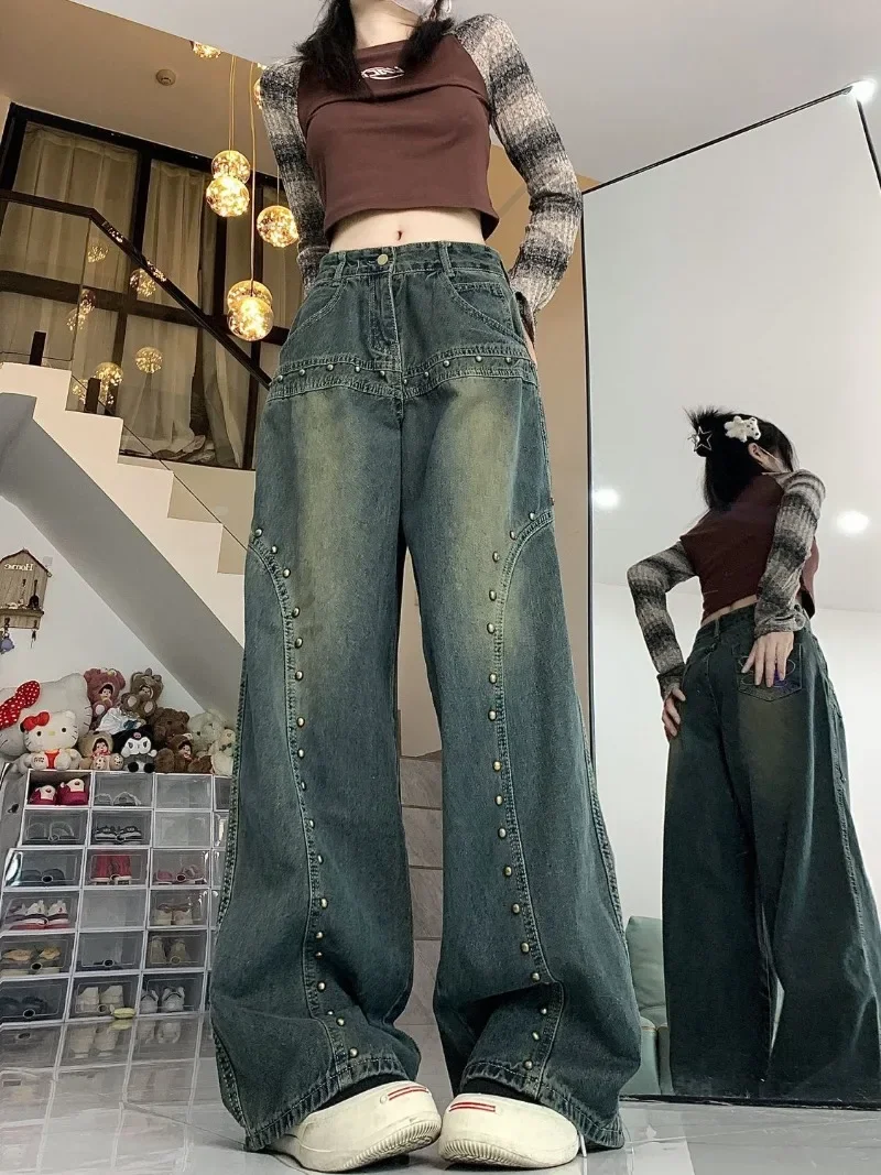 Vintage Rivet Beading Trendy Baggy Jeans Women Fashion High Waist Straight Wide Leg Pants Y2k Street Punk Casual Trousers
Vintage Rivet Beading Trendy Baggy Jeans Women Fashion High Waist Straight Wide Leg Pants Y2k Street Punk Casual Trousers