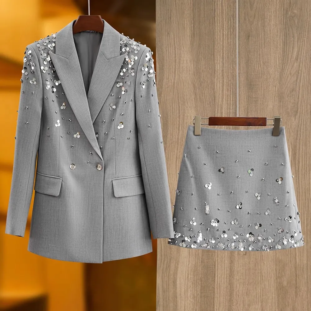 Spring Autumn New Grey Handmade Pearl Sequin Suit Coat+Short Skirt Fashion Commute Office Women Singer Stage Party Prom Wear
Spring Autumn New Grey Handmade Pearl Sequin Suit Coat+Short Skirt Fashion Commute Office Women Singer Stage Party Prom Wear