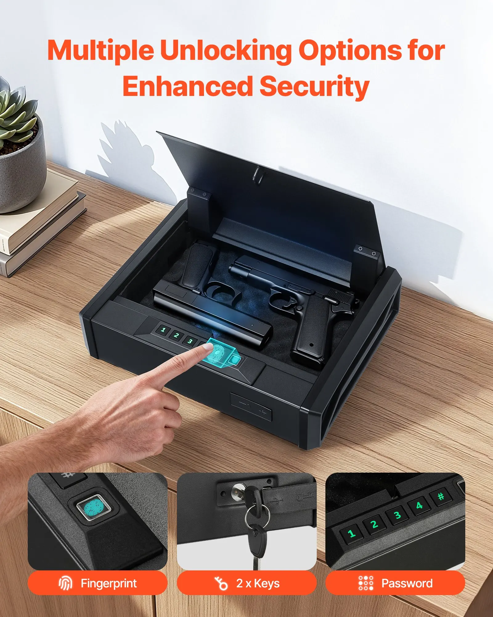 Gun Safe, Heavy Duty Handgun Safe With Fingerprint/Password/Key, 3-Way Quick Access Firearm Case Box With Lighting For 2