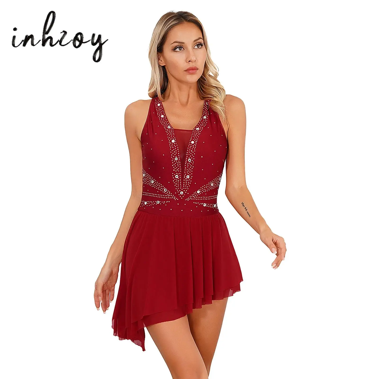 Womens Cross Back Asymmetrical Ballet Dance Dress Glittery Rhinestone Sleeveless Skirted Dresses for Figure Skating Performance
Womens Cross Back Asymmetrical Ballet Dance Dress Glittery Rhinestone Sleeveless Skirted Dresses for Figure Skating Performance