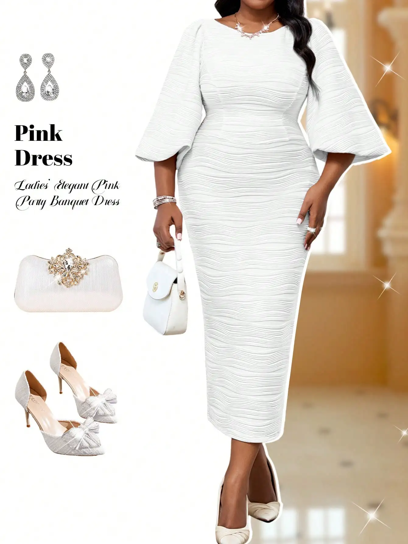 Elegant White Textured Midi Dress with Bell Sleeves and Round Neck
Elegant White Textured Midi Dress with Bell Sleeves and Round Neck