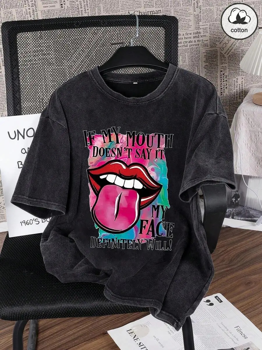 Washed Cotton Womens Graphic Print T-Shirt With Bold Lip Design Streetwear Y2K Punk Style
Washed Cotton Womens Graphic Print T-Shirt With Bold Lip Design Streetwear Y2K Punk Style