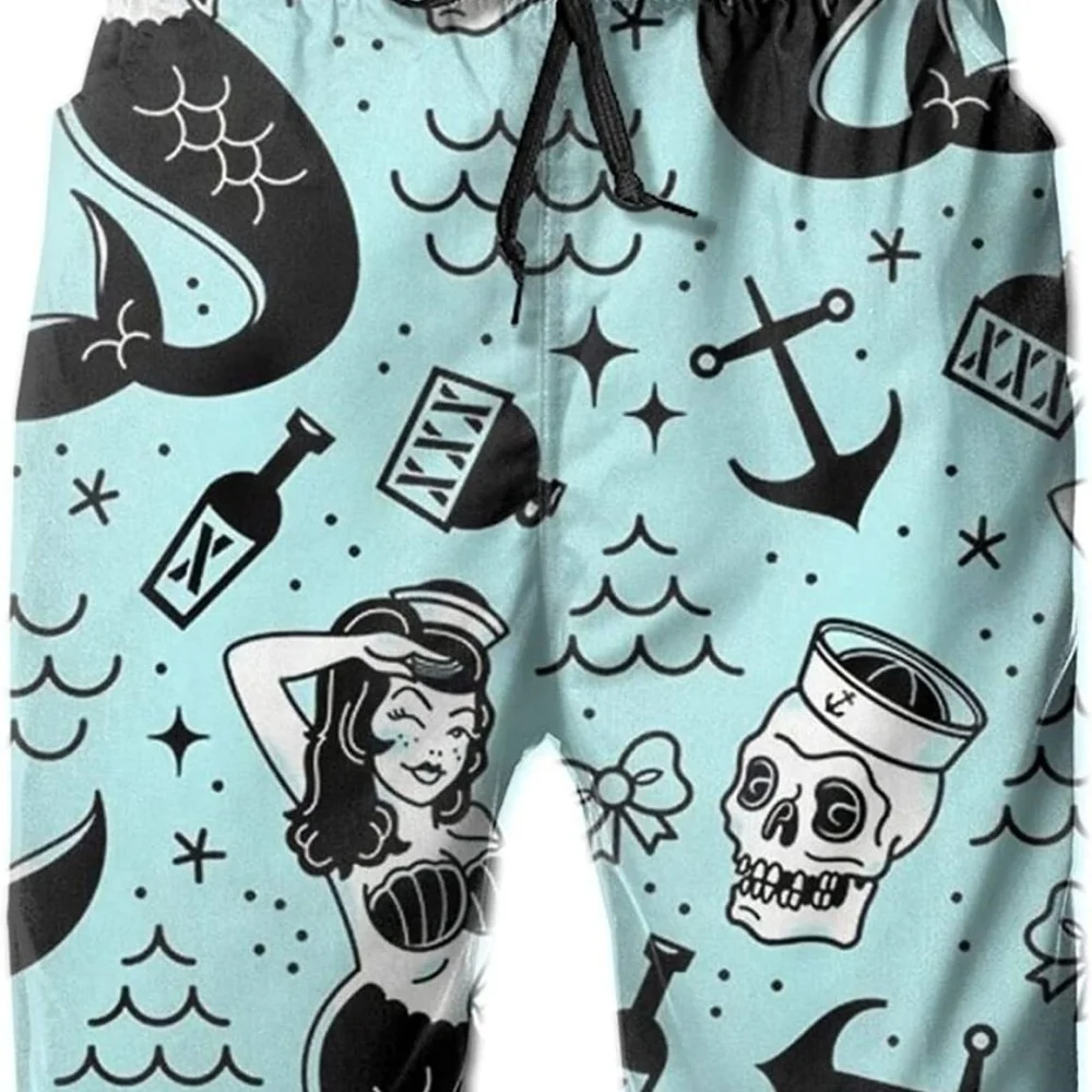 Men's Beach Shorts with Nautical Cartoon Mermaid Skull Print, Drawstring, Breathable Quick-Dry Fabric for Beach Vacations
Men's Beach Shorts with Nautical Cartoon Mermaid Skull Print, Drawstring, Breathable Quick-Dry Fabric for Beach Vacations