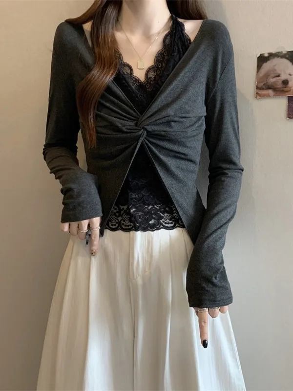 plus Size Spring New Pure Desire Long Sleeve T-Shirt Women's Lace Splicing Knot Base Shirt Top Korean Style Commute Wind
plus Size Spring New Pure Desire Long Sleeve T-Shirt Women's Lace Splicing Knot Base Shirt Top Korean Style Commute Wind