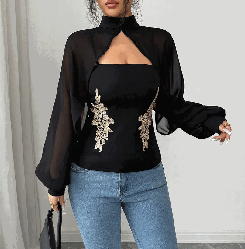 Women's Top Summer New Personalized Fashion Style Stand Up Collar See Through Chiffon Patchwork Square Collar Embroidered Top
Women's Top Summer New Personalized Fashion Style Stand Up Collar See Through Chiffon Patchwork Square Collar Embroidered Top