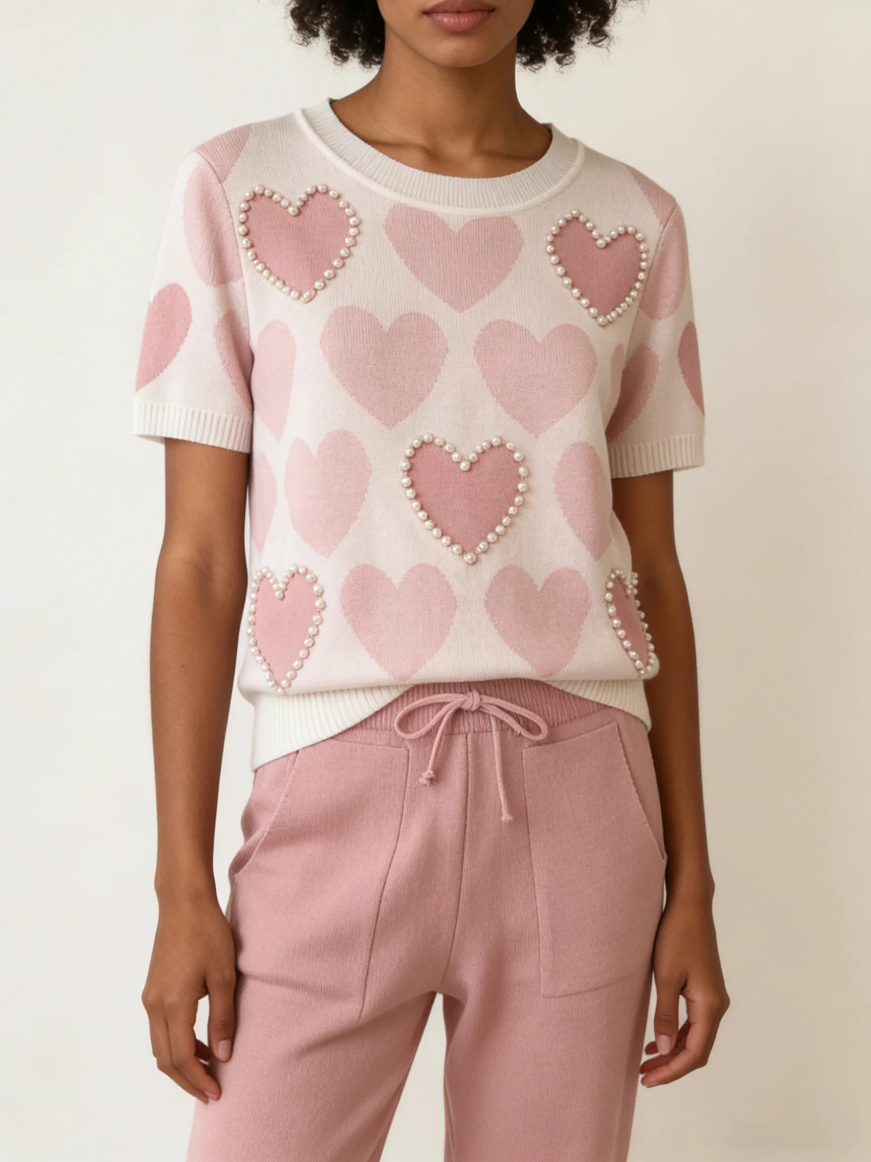 Women's 2 Piece Knit Lounge Set - Heart Pattern Short Sleeve Top & Drawstring Casual Pants for Spring Summer Daily Wear
Women's 2 Piece Knit Lounge Set - Heart Pattern Short Sleeve Top & Drawstring Casual Pants for Spring Summer Daily Wear