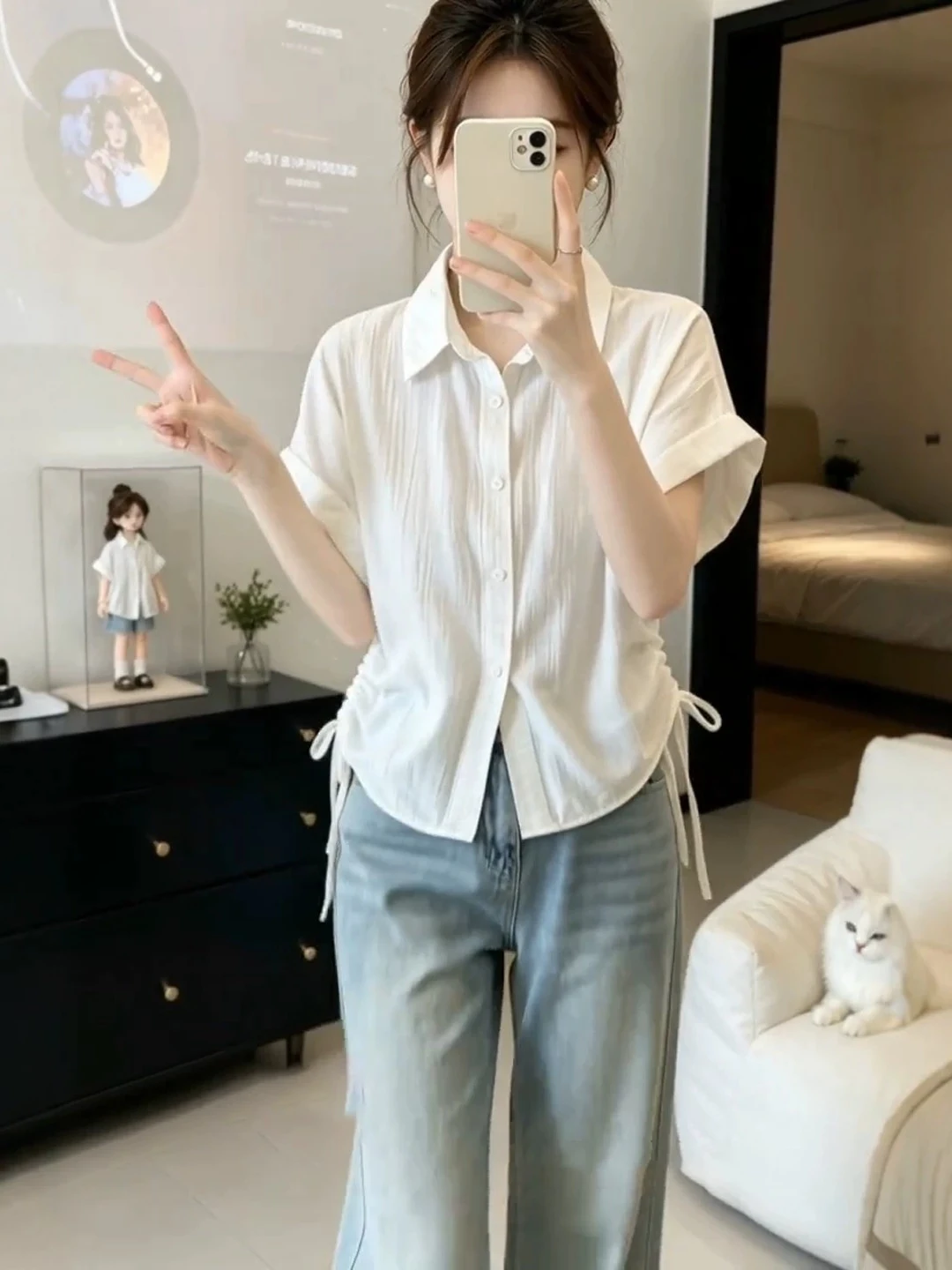 Korean Style Collar Short Sleeve Shirt Women Summer plus Size Drawstring Waist Slimming Fashionable Versatile Top
Korean Style Collar Short Sleeve Shirt Women Summer plus Size Drawstring Waist Slimming Fashionable Versatile Top