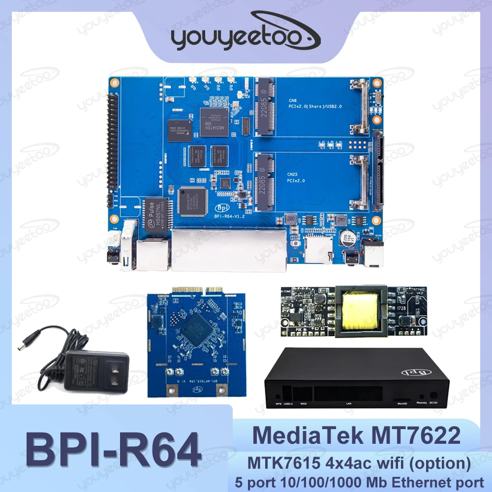 Banana Pi BPI-R64 Router Board MediaTek MT7622 1.35GHZ 64bit Dual-core ARM 1G DDR3 8G eMMC Support 4G Module BT5.0 Wifi POE SATA
Banana Pi BPI-R64 Router Board MediaTek MT7622 1.35GHZ 64bit Dual-core ARM 1G DDR3 8G eMMC Support 4G Module BT5.0 Wifi POE SATA
