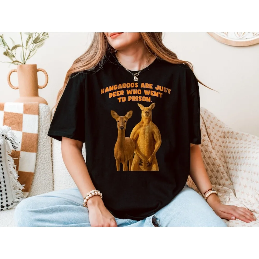 Funny Kangaroo Shirt Kangaroos Are Just Deer Who Went To Prison Tee Meme Graphic Shirt Men Women Fashion Crewneck Cotton Tee Top
Funny Kangaroo Shirt Kangaroos Are Just Deer Who Went To Prison Tee Meme Graphic Shirt Men Women Fashion Crewneck Cotton Tee Top