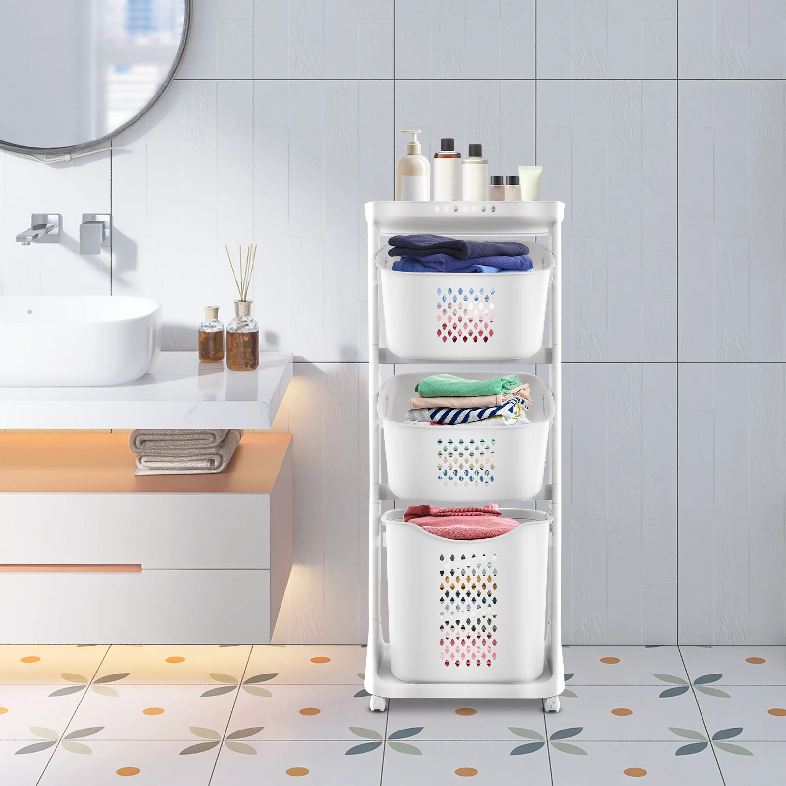 White Laundry Baskets 3 Tier with Wheels and Portable Storage Baskets Free Standing Clothes Laundry Basket Organizer
White Laundry Baskets 3 Tier with Wheels and Portable Storage Baskets Free Standing Clothes Laundry Basket Organizer
