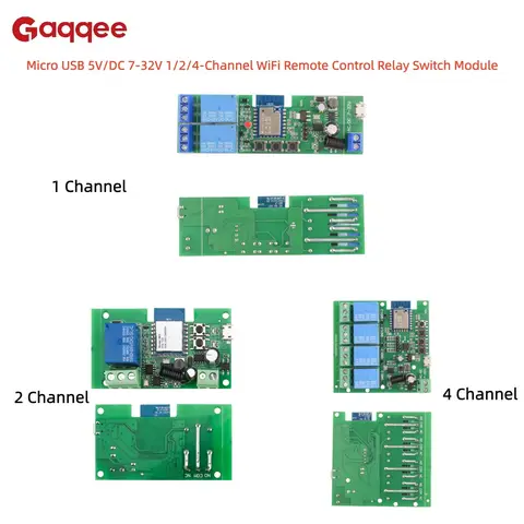 Micro usb 5v/dc 7-32v 1/2/4 canais wifi módulo de interruptor de relé de controle remoto suporta aplicativo remoto tuya e controle remoto rf 433mhz