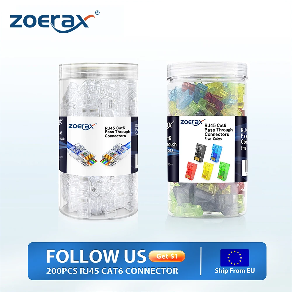 ZoeRax 200PCS RJ45 Cat6 Pass Through Connector Gold-Plated 8P8C RJ45 Modular Plug for CAT6 CAT5E Solid or Stranded FTP/UTP Cable
ZoeRax 200PCS RJ45 Cat6 Pass Through Connector Gold-Plated 8P8C RJ45 Modular Plug for CAT6 CAT5E Solid or Stranded FTP/UTP Cable