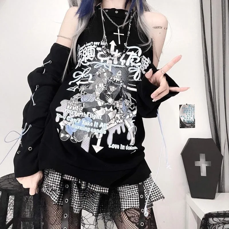 E-girl Gothic Loose Women Top Sexy T Shirt 2024 Punk Style Vintage Pullovers Top Patchwork Y2K Off Shoulder Long Sleeve Top
E-girl Gothic Loose Women Top Sexy T Shirt 2024 Punk Style Vintage Pullovers Top Patchwork Y2K Off Shoulder Long Sleeve Top