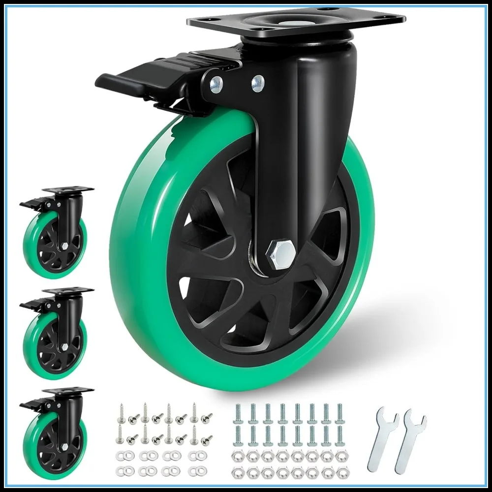 6 Inch Caster Wheels Set of 4 Heavy Duty, 700lbs Each, Polyurethane Swivel Casters with Brake, Green
6 Inch Caster Wheels Set of 4 Heavy Duty, 700lbs Each, Polyurethane Swivel Casters with Brake, Green