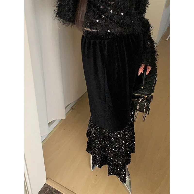 Vintage Black Velvet Midi Skirt Women Elegant Sequin Patchwork Skirts Autumn Winter Ladies Korean High Waist Design Faldas New
Vintage Black Velvet Midi Skirt Women Elegant Sequin Patchwork Skirts Autumn Winter Ladies Korean High Waist Design Faldas New