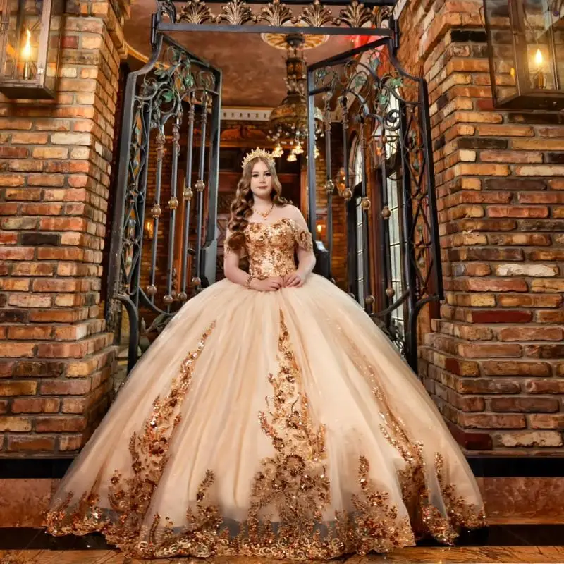 Customized Shiny Champagne Off Shoulder Quinceanera Dress sequin applique Tull Lace vestidos de 15 Quinceanera
Customized Shiny Champagne Off Shoulder Quinceanera Dress sequin applique Tull Lace vestidos de 15 Quinceanera 