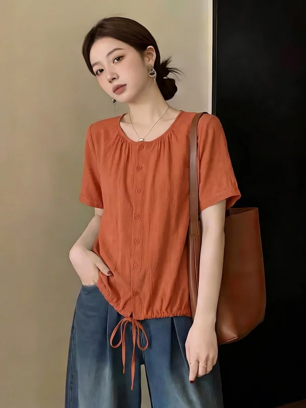 Orange Red Women's Short Sleeve Shirt Drawstring Hem Slimming Top Summer New Style plus Size Korean Style Commute Fashion
Orange Red Women's Short Sleeve Shirt Drawstring Hem Slimming Top Summer New Style plus Size Korean Style Commute Fashion