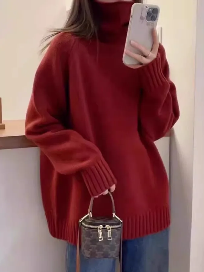 Loose Red Knitted High Collar Sweater Korean Sle Lazy Faion plus Size Women's Top Warm Thiened Autumn Winter Women'swear
Loose Red Knitted High Collar Sweater Korean Sle Lazy Faion plus Size Women's Top Warm Thiened Autumn Winter Women'swear