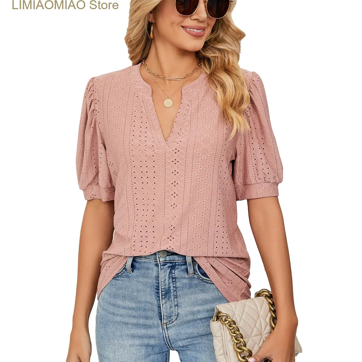New Hollow Out Tee Shirts For Women Solid Color V Neck Puff Short Sleeve Top
New Hollow Out Tee Shirts For Women Solid Color V Neck Puff Short Sleeve Top