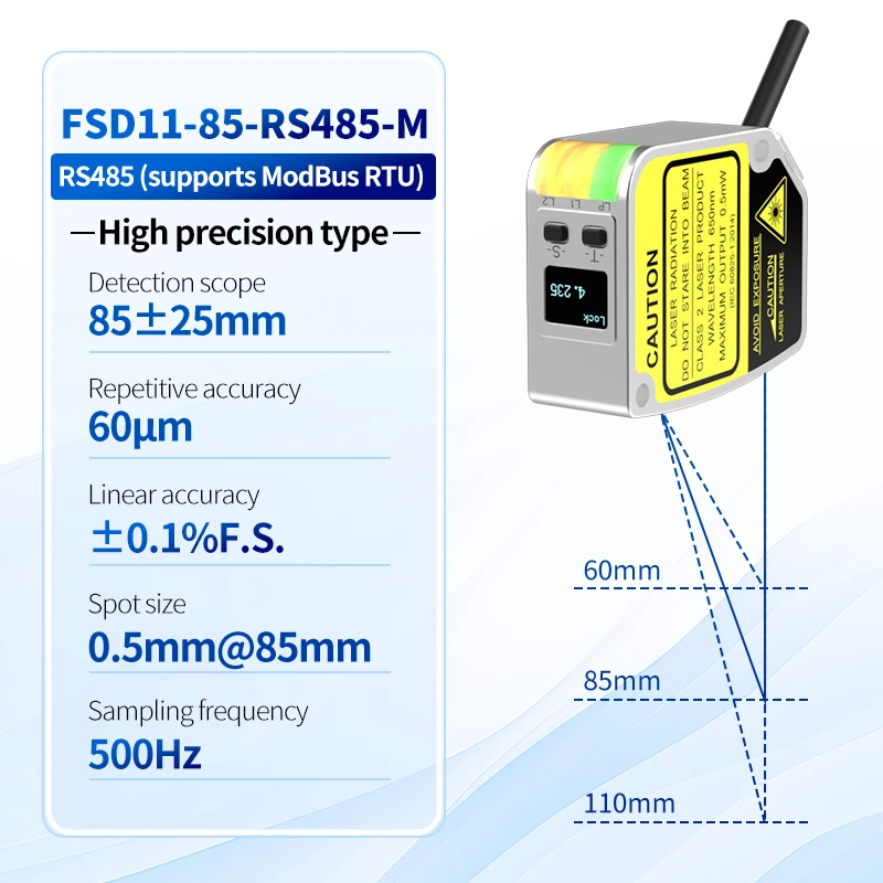 FSD11-85-RS485-M OLED display High accuracy 85mm measurement 10-30VDC Laser Displacement Sensor
FSD11-85-RS485-M OLED display High accuracy 85mm measurement 10-30VDC Laser Displacement Sensor