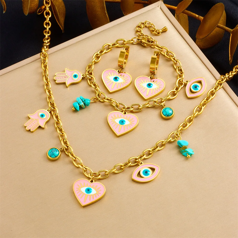 Fashion Personalized Jewelry Sets Oil Drop Eyes Turquoise Pendant Stainless Steel Necklace Earrings Bracelet Set Dropshipping
Fashion Personalized Jewelry Sets Oil Drop Eyes Turquoise Pendant Stainless Steel Necklace Earrings Bracelet Set Dropshipping