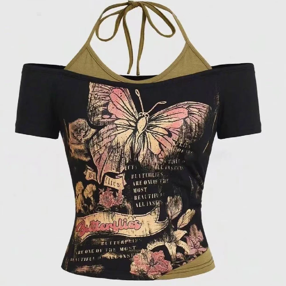 Y2K 90S Black Fake Two-Piece Backless Round Neck Printed T-Shirt Fashionable Street Girl Sexy Slim Off Shoulder Millennium Top
Y2K 90S Black Fake Two-Piece Backless Round Neck Printed T-Shirt Fashionable Street Girl Sexy Slim Off Shoulder Millennium Top