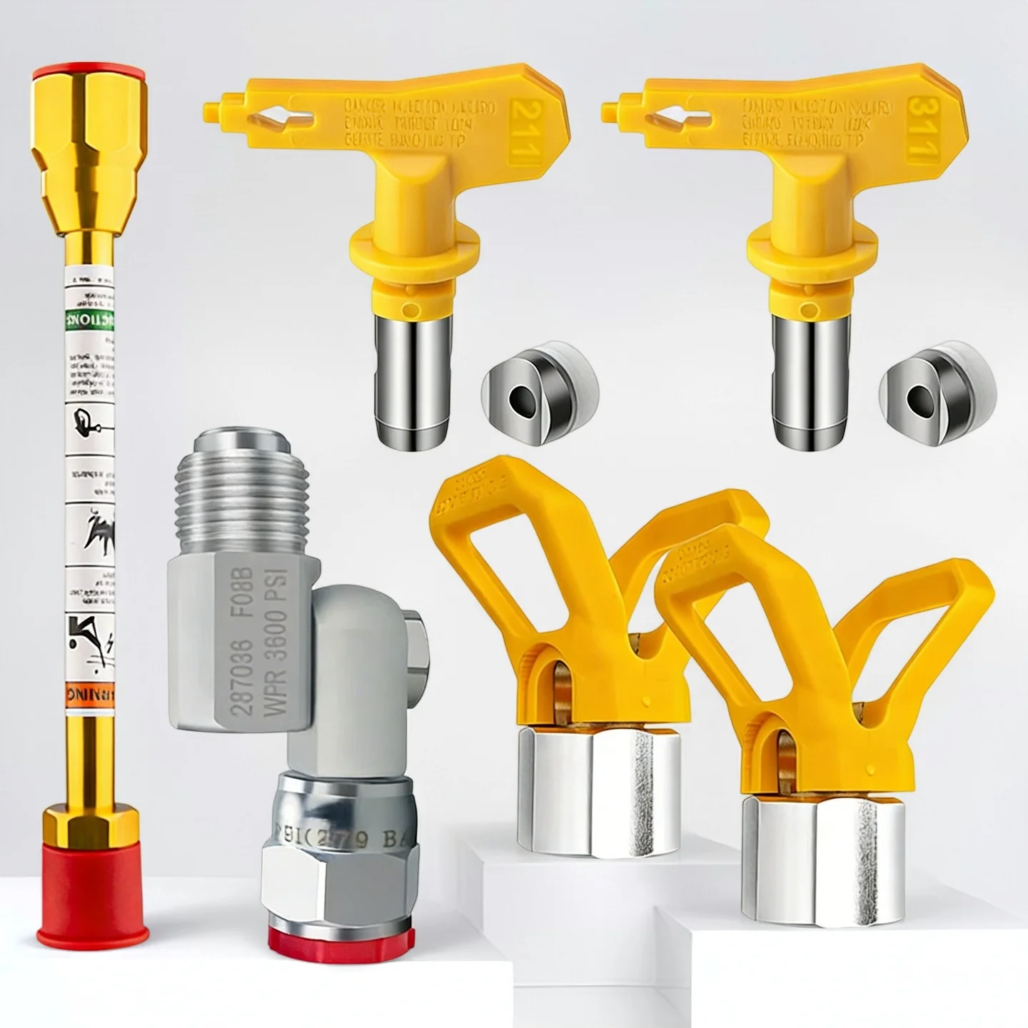 6Pcs Airless Paint Sprayer Kit with 2 Tips (211/311), 2 Guards, 20cm Extension Pole & 1 360° Swivel Fitting
6Pcs Airless Paint Sprayer Kit with 2 Tips (211/311), 2 Guards, 20cm Extension Pole & 1 360° Swivel Fitting