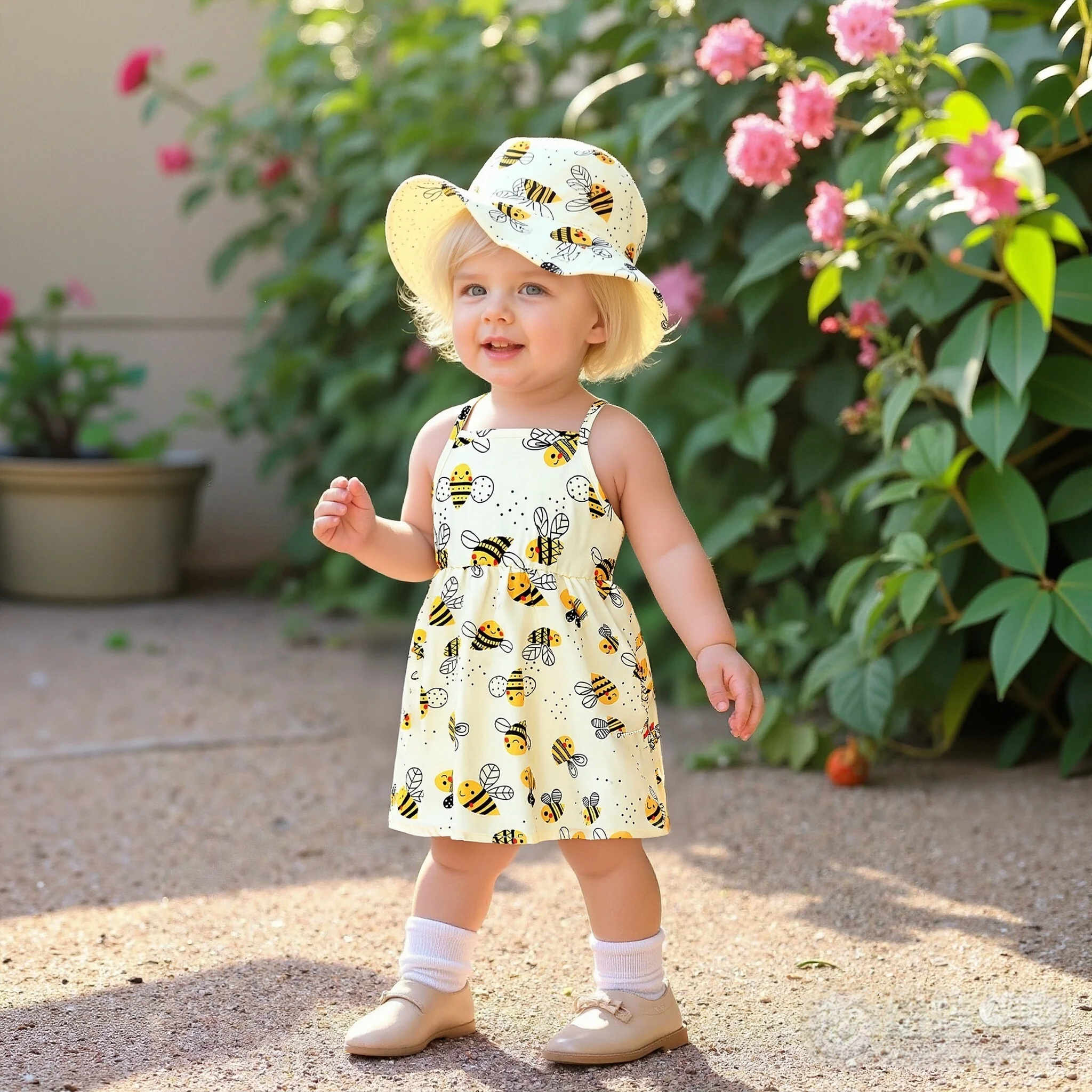 Baby Girls' Spaghetti Strap Dress Summer New Cute Cartoon Bee Print Suspender Waist Cinching Dress With Hat Included
Baby Girls' Spaghetti Strap Dress Summer New Cute Cartoon Bee Print Suspender Waist Cinching Dress With Hat Included