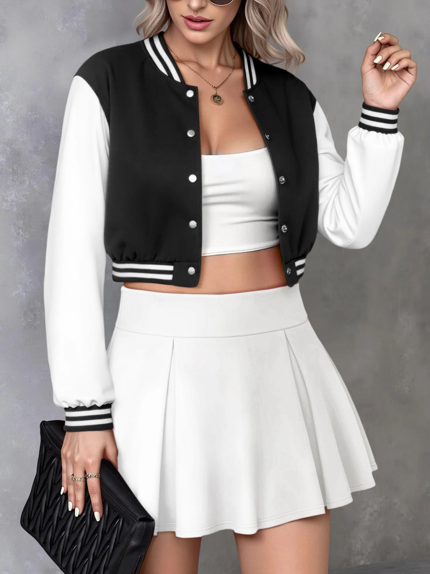 Ladies Y2K Varsity 2 Piece Outfit Color Block Cropped Jacket & High Waist Pleated Skirt Preppy Style Streetwear
Ladies Y2K Varsity 2 Piece Outfit Color Block Cropped Jacket & High Waist Pleated Skirt Preppy Style Streetwear