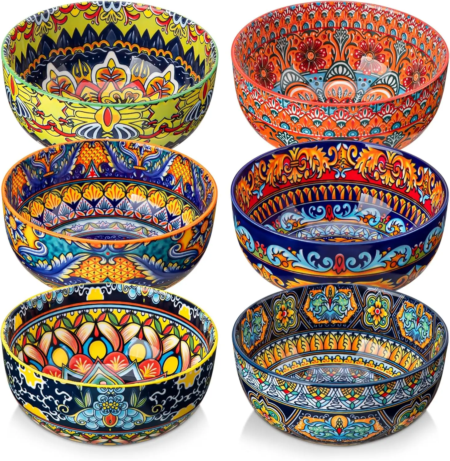 28 oz Porcelain Bowls Set of 6 - Colorful Bohemian Soup Bowls, Microwave & Dishwasher Safe for Cereal, Salad, Pasta
28 oz Porcelain Bowls Set of 6 - Colorful Bohemian Soup Bowls, Microwave & Dishwasher Safe for Cereal, Salad, Pasta