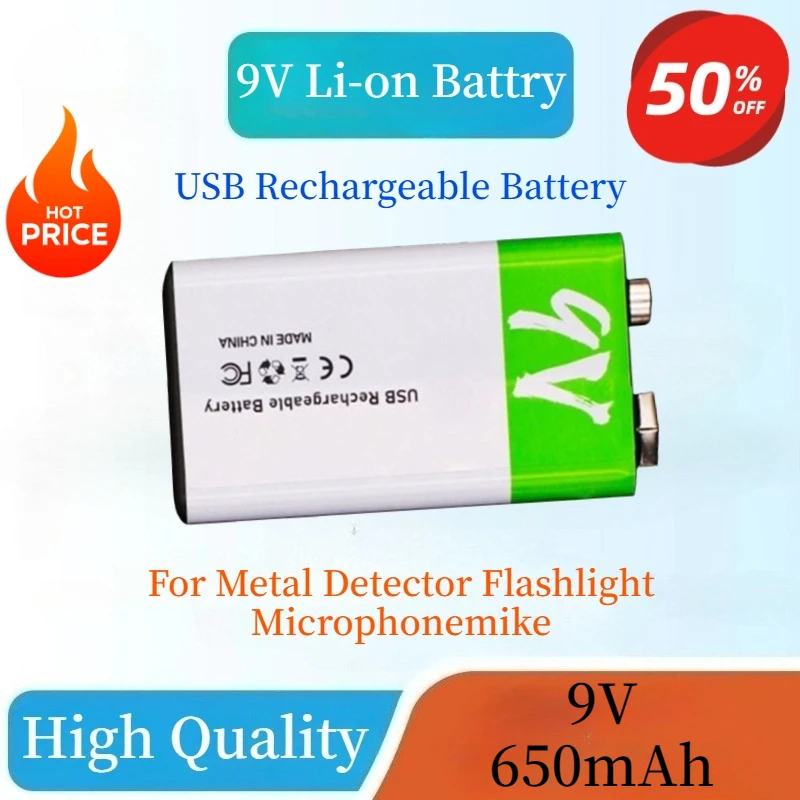 Rechargeable Li-Ion Battery 9V 650mAh Type-C Charging Ecofriendly Batteries for Metal Detector Flashlight Microphonemike
Rechargeable Li-Ion Battery 9V 650mAh Type-C Charging Ecofriendly Batteries for Metal Detector Flashlight Microphonemike