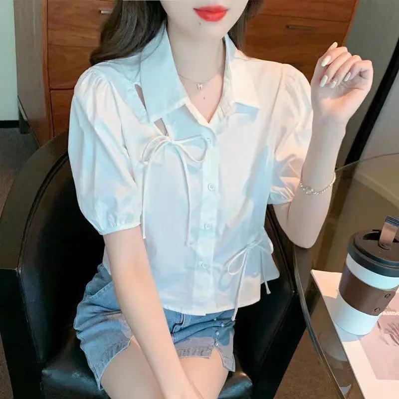 Women's Bubble Sleeve Shirt Knot Drawstring Short Design Summer New Style Collar Top Versatile Fashionable Knot
Women's Bubble Sleeve Shirt Knot Drawstring Short Design Summer New Style Collar Top Versatile Fashionable Knot