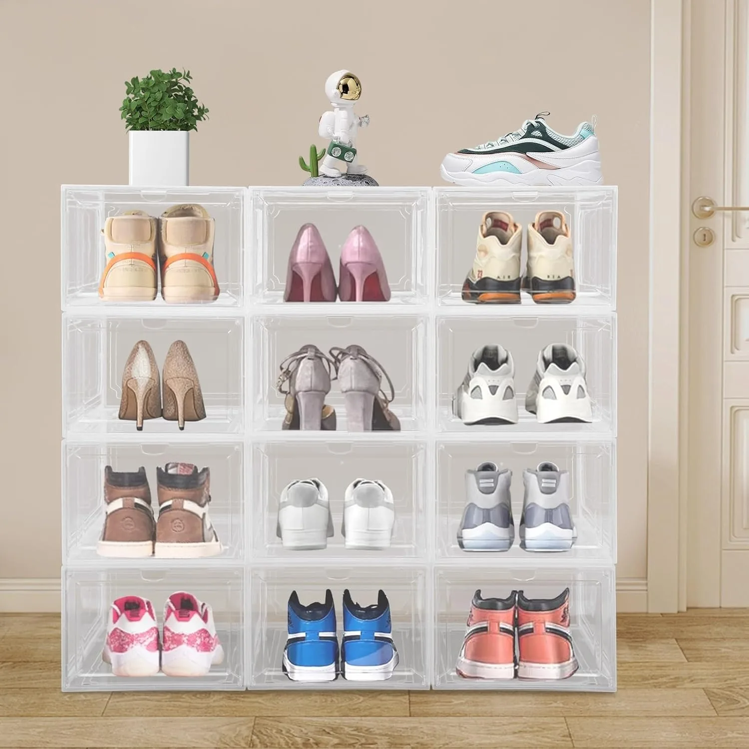 12 Pack Stackable Shoe Boxes, Acrylic Drop Front Shoe Box, Clear Shoe Storage Box, Freestand Sneaker Boxes, Shoe Rack Organizer
