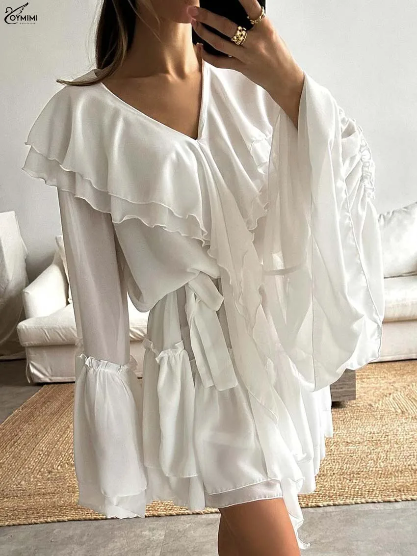 Oymimi Elegant White V-Neck Women's Dress Fashion Ruffled Petal Sleeve Lace-Up Dresses Casual New Pleated Mini Dress Streetwear
Oymimi Elegant White V-Neck Women's Dress Fashion Ruffled Petal Sleeve Lace-Up Dresses Casual New Pleated Mini Dress Streetwear