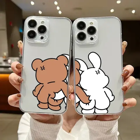 Para iphone 16 pro max 15 plus 14 13 pro 12 mini 11 bonito casal caso urso e ravin transparente à prova de choque dos desenhos animados capa completa
