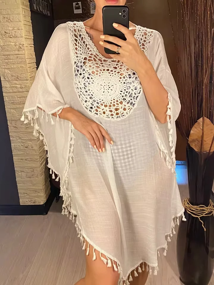 New Fringe Tassel Embroidery Half Sleeve Tunic Beach Cover Up Cover-ups Long Beach Dress Beachwear Female Women Beach Wear V5328
New Fringe Tassel Embroidery Half Sleeve Tunic Beach Cover Up Cover-ups Long Beach Dress Beachwear Female Women Beach Wear V5328