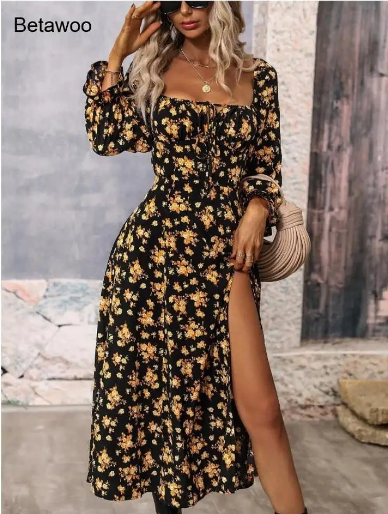 Floral Print Long Sleeve Midi Dress for Women Square Neck High Slit A-Line Casual Boho Dresses
Floral Print Long Sleeve Midi Dress for Women Square Neck High Slit A-Line Casual Boho Dresses
