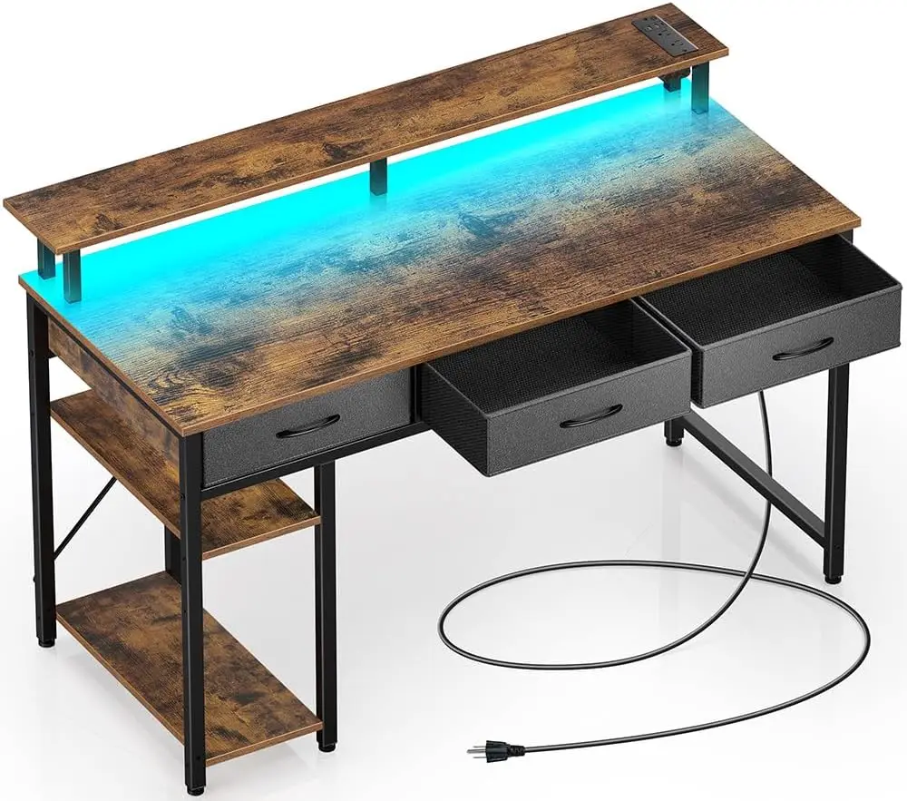 Computer desk with power socket and LED lights, 55 inch home office desk with 3 drawers and storage rack, country brown
Computer desk with power socket and LED lights, 55 inch home office desk with 3 drawers and storage rack, country brown