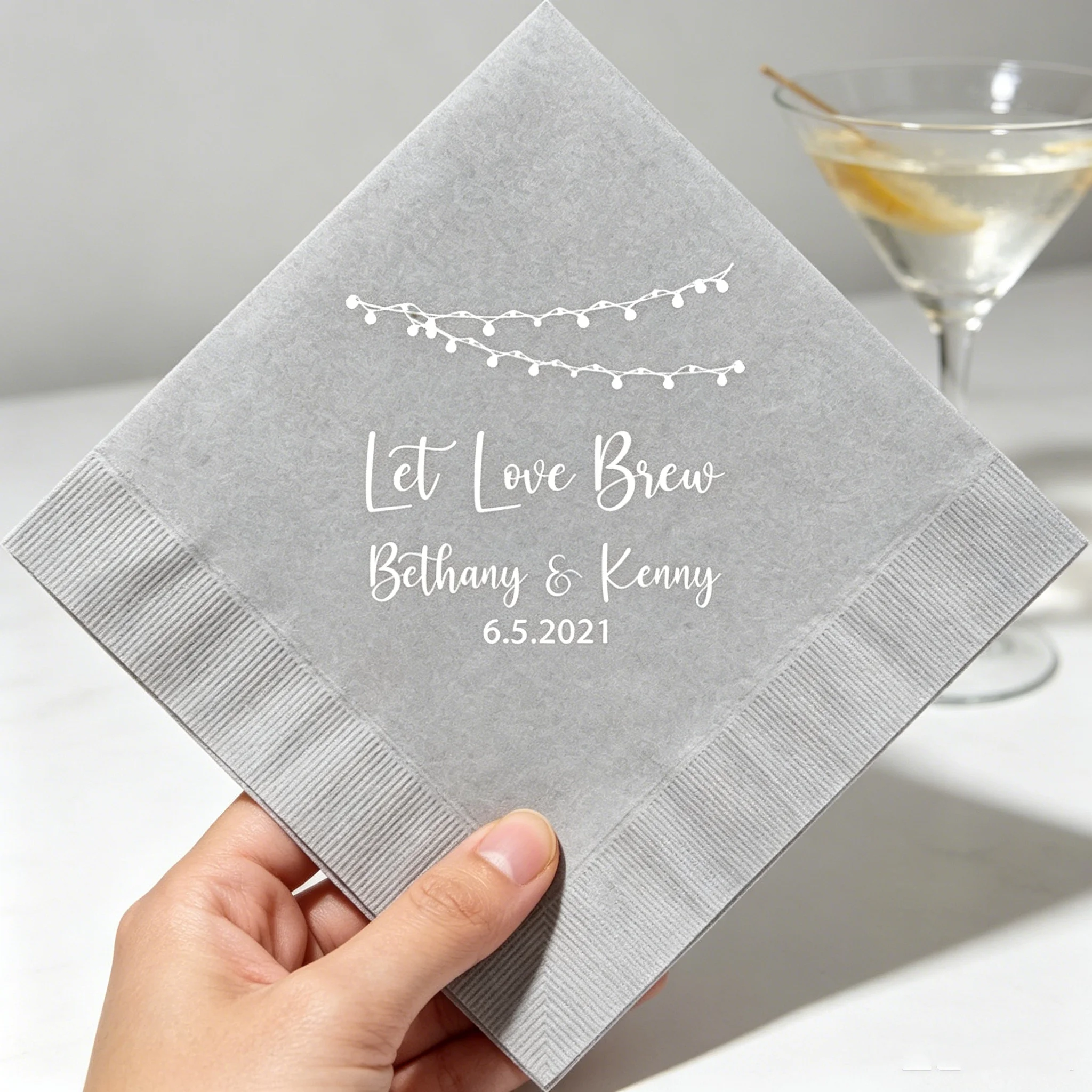 50pcs Personalized "Let Love Brew" Wedding Napkins - Custom Names & Date Printed Cocktail Napkins with String Lights Design, Dis
50pcs Personalized "Let Love Brew" Wedding Napkins - Custom Names & Date Printed Cocktail Napkins with String Lights Design, Dis