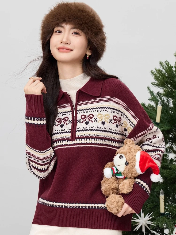 SENTUBILA Women's Fair Isle Pullover 2025 Autumn Iceland Series Lapel Half Open Zipper Core Spun Yarn Knitted Sweater W54EH3151
SENTUBILA Women's Fair Isle Pullover 2025 Autumn Iceland Series Lapel Half Open Zipper Core Spun Yarn Knitted Sweater W54EH3151