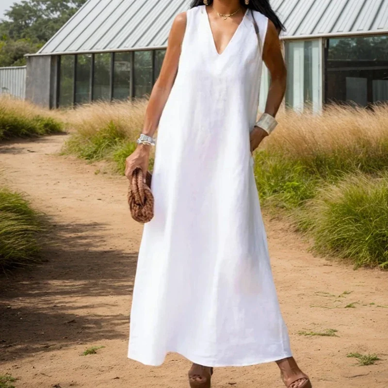 Korean Solid Color Long Dress Fashion Loose Simple Sleeveless Deep V Pocket Cotton Linen Pullover Long A-line Dresses For Women
Korean Solid Color Long Dress Fashion Loose Simple Sleeveless Deep V Pocket Cotton Linen Pullover Long A-line Dresses For Women