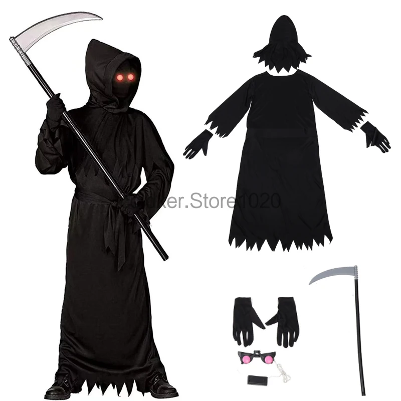 Детский костюм ужасов на Хэллоуин, черный жнец с капюшоном, жуткий халат призрака с перчатками, детская карнавальная маскарадная вечеринка, наряды
Детский костюм ужасов на Хэллоуин, черный жнец с капюшоном, жуткий халат призрака с перчатками, детская карнавальная маскарадная вечеринка, наряды
